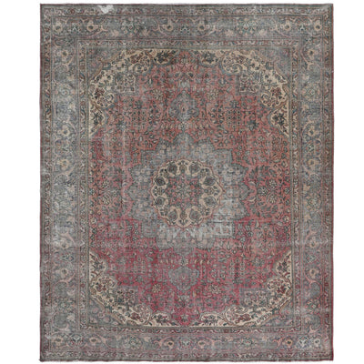 Knotari vintage hand-knotted rug No. 14 with grand floral medallion design in dusty rose, slate gray, aged ivory, taupe, muted blue, size 9'7" x 12'0".