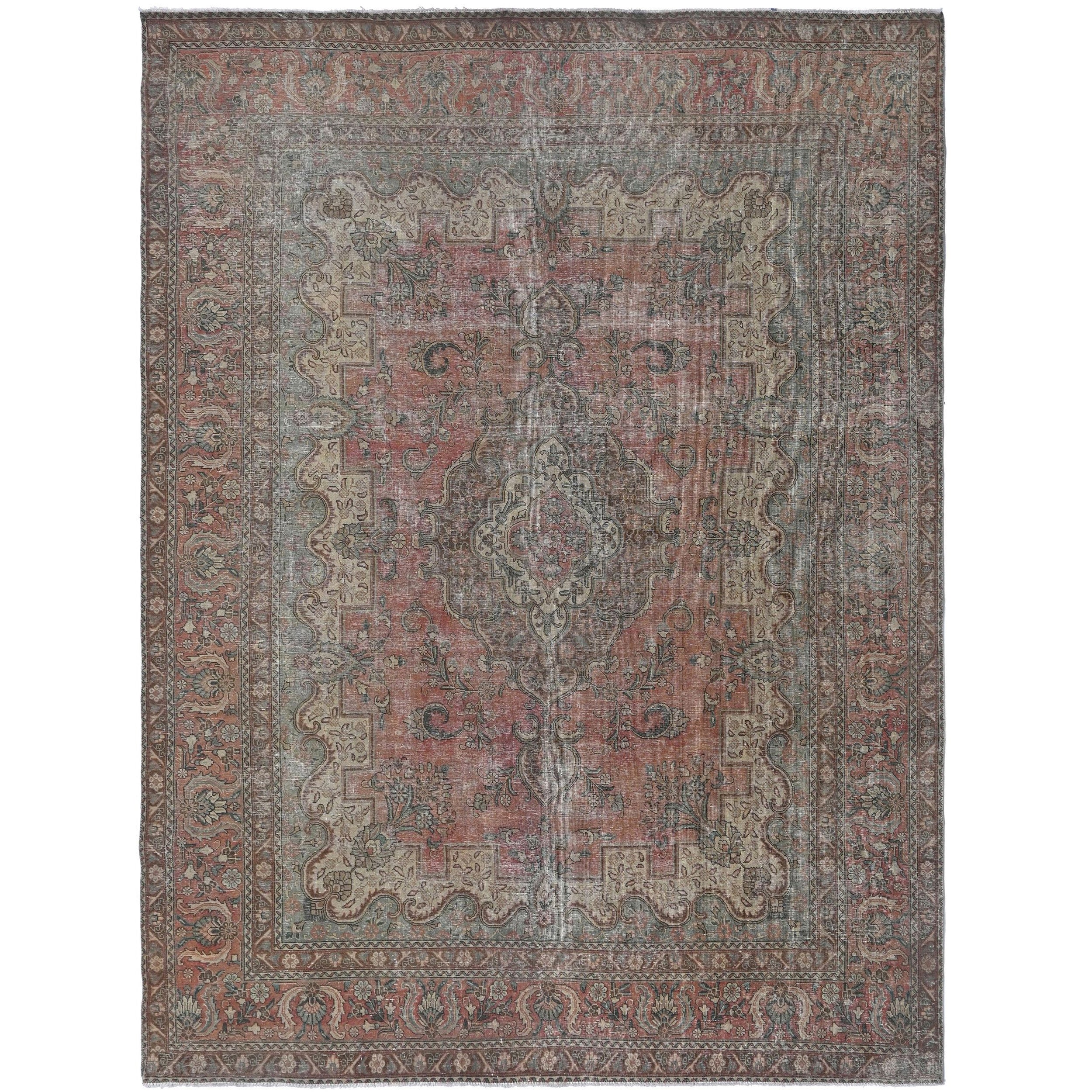 Knotari vintage hand-knotted rug No. 152 with botanical garden design in dusty rose, slate gray, aged ivory, muted blue, taupe, size 9'7" x 12'9".