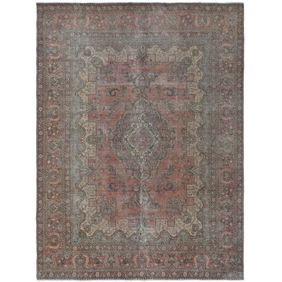 Knotari vintage hand-knotted rug No. 152 with botanical garden design in dusty rose, slate gray, aged ivory, muted blue, taupe, size 9'7" x 12'9".