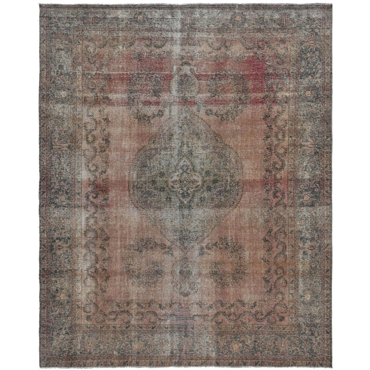 Knotari vintage hand-knotted rug No. 153 with floral medallion design in antique crimson, charcoal, taupe, aged ivory, muted blue, size 9'5" x 12'3".