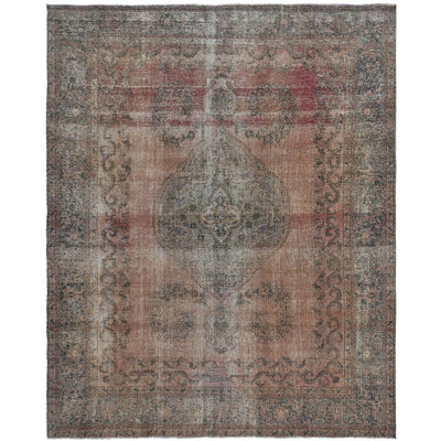 Knotari vintage hand-knotted rug No. 153 with floral medallion design in antique crimson, charcoal, taupe, aged ivory, muted blue, size 9'5" x 12'3".