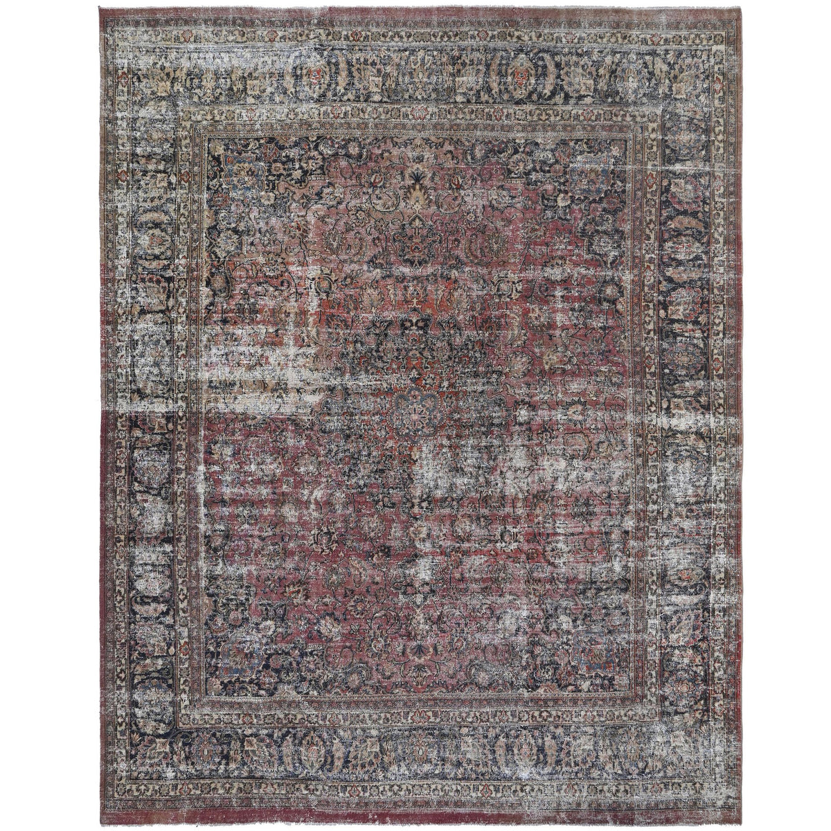 Knotari vintage hand-knotted wool rug No. 156 with all-over floral medallion design in brick red, rosewood, navy, aged ivory, sage, size 9'8" x 11'8".