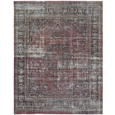 Knotari vintage hand-knotted wool rug No. 156 with all-over floral medallion design in brick red, rosewood, navy, aged ivory, sage, size 9'8" x 11'8".
