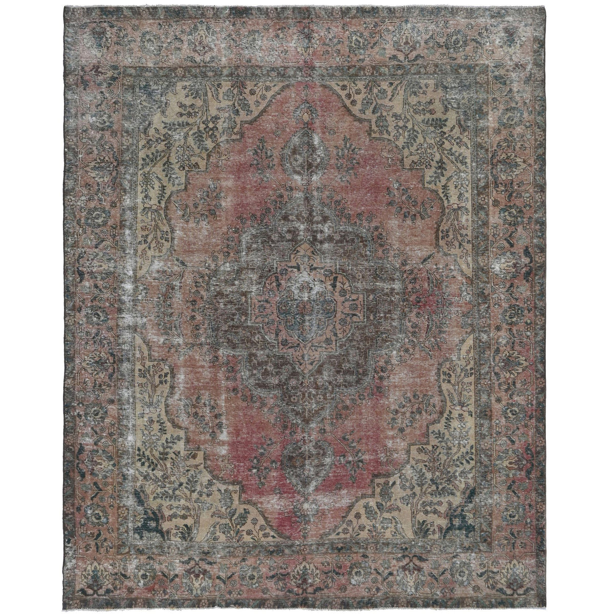 Knotari vintage hand-knotted rug No. 156 with all-over botanical design in antique coral, aged ivory, slate blue, taupe, soft charcoal, size 9'6" x 12'3".