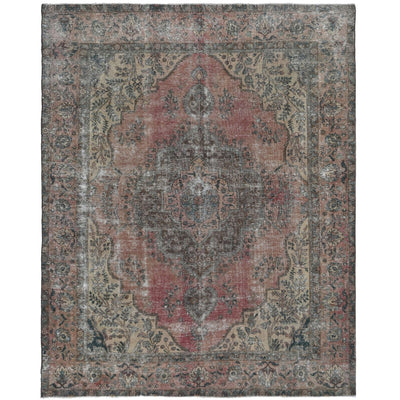 Knotari vintage hand-knotted rug No. 156 with all-over botanical design in antique coral, aged ivory, slate blue, taupe, soft charcoal, size 9'6" x 12'3".