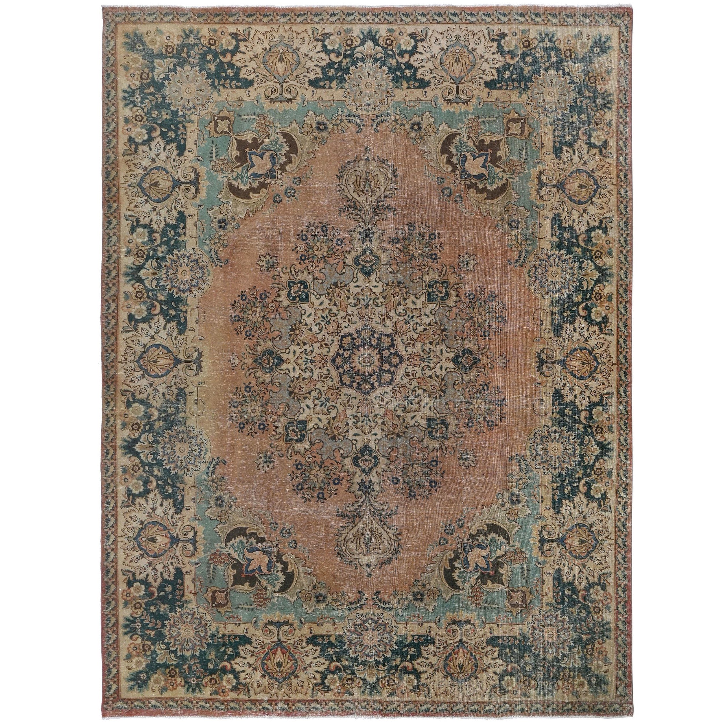 Knotari Heritage Collection vintage hand-knotted wool rug No. 159 with floral medallion design in salmon terracotta, deep teal, aged ivory, camel, brown, size 9'9" x 13'2".
