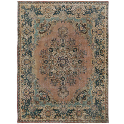 Knotari Heritage Collection vintage hand-knotted wool rug No. 159 with floral medallion design in salmon terracotta, deep teal, aged ivory, camel, brown, size 9'9" x 13'2".