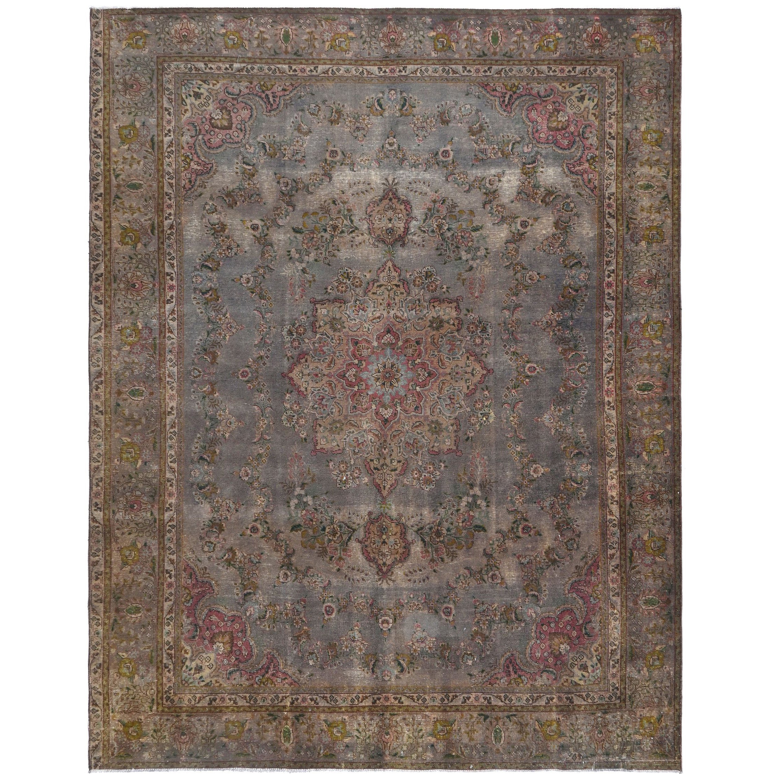 Knotari vintage hand-knotted rug No. 15 with grand floral medallion design in silver gray, dusty rose, taupe, muted sage, aged ivory, size 9'3" x 11'10".