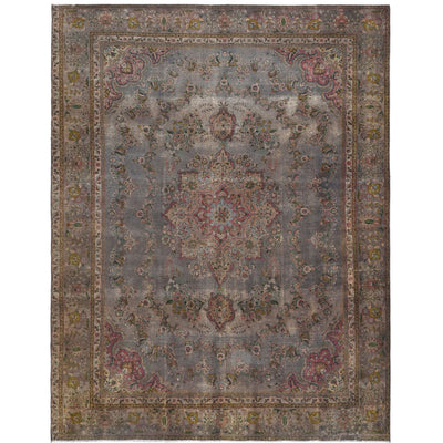 Knotari vintage hand-knotted rug No. 15 with grand floral medallion design in silver gray, dusty rose, taupe, muted sage, aged ivory, size 9'3" x 11'10".