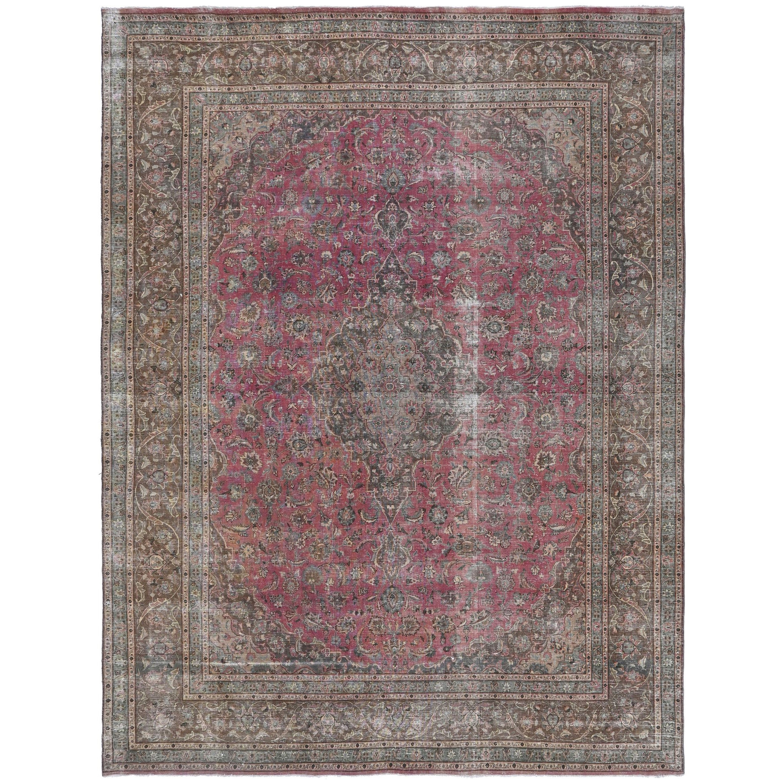Knotari vintage hand-knotted rug No. 161 with distressed central medallion design in rosewood, charcoal, taupe, aged ivory, muted burgundy, size 9'6" x 12'6".