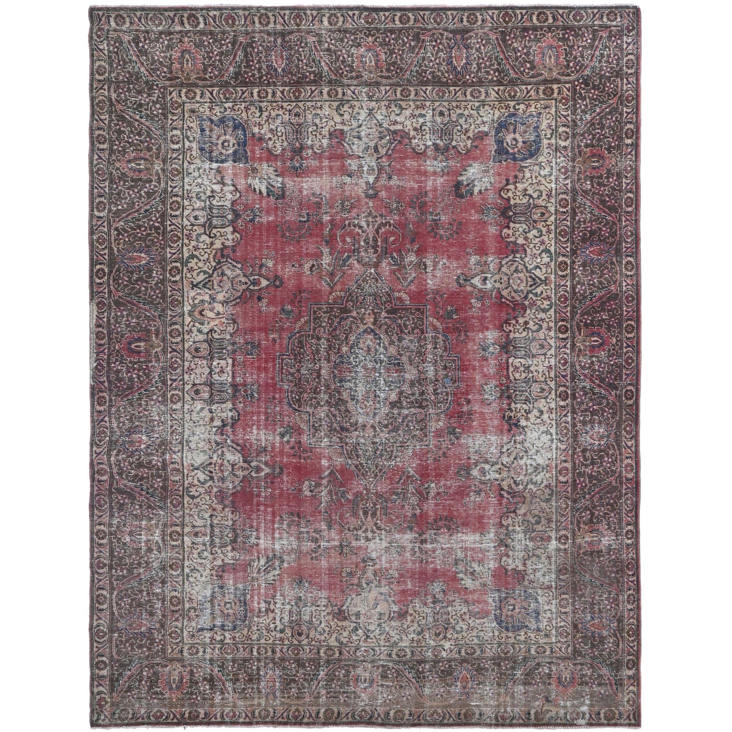 Knotari vintage hand-knotted rug No. 168 with classic persian medallion design in antique crimson, charcoal, ivory, slate blue, taupe, size 7'8" x 10'4".