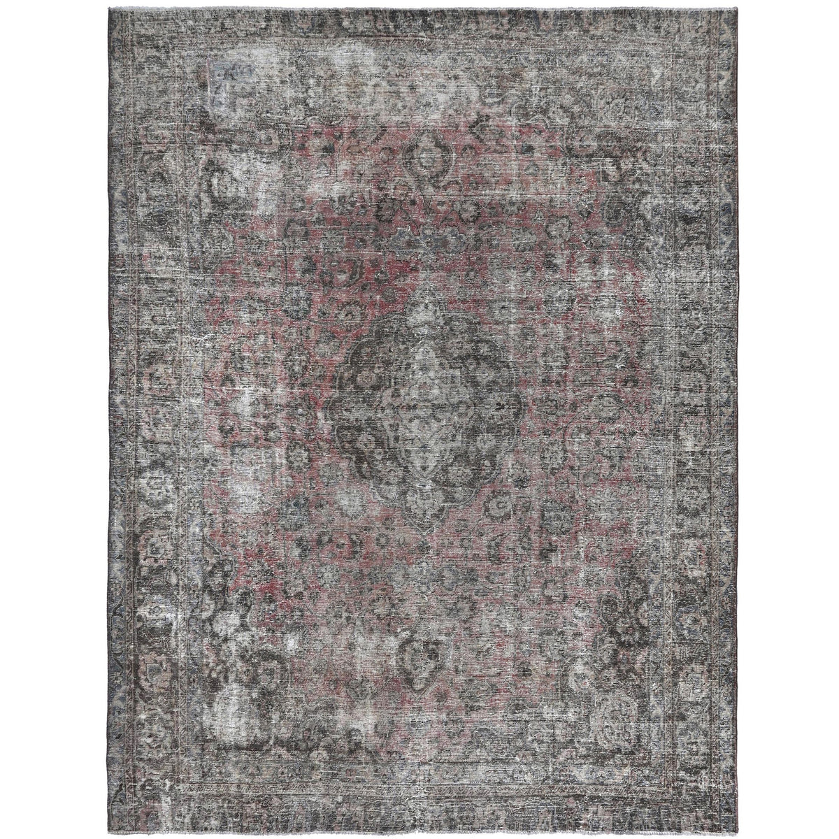 Knotari vintage hand-knotted rug No. 170 with distressed central medallion design in faded rose, ash gray, charcoal, taupe, muted red, size 8'2" x 9'9".