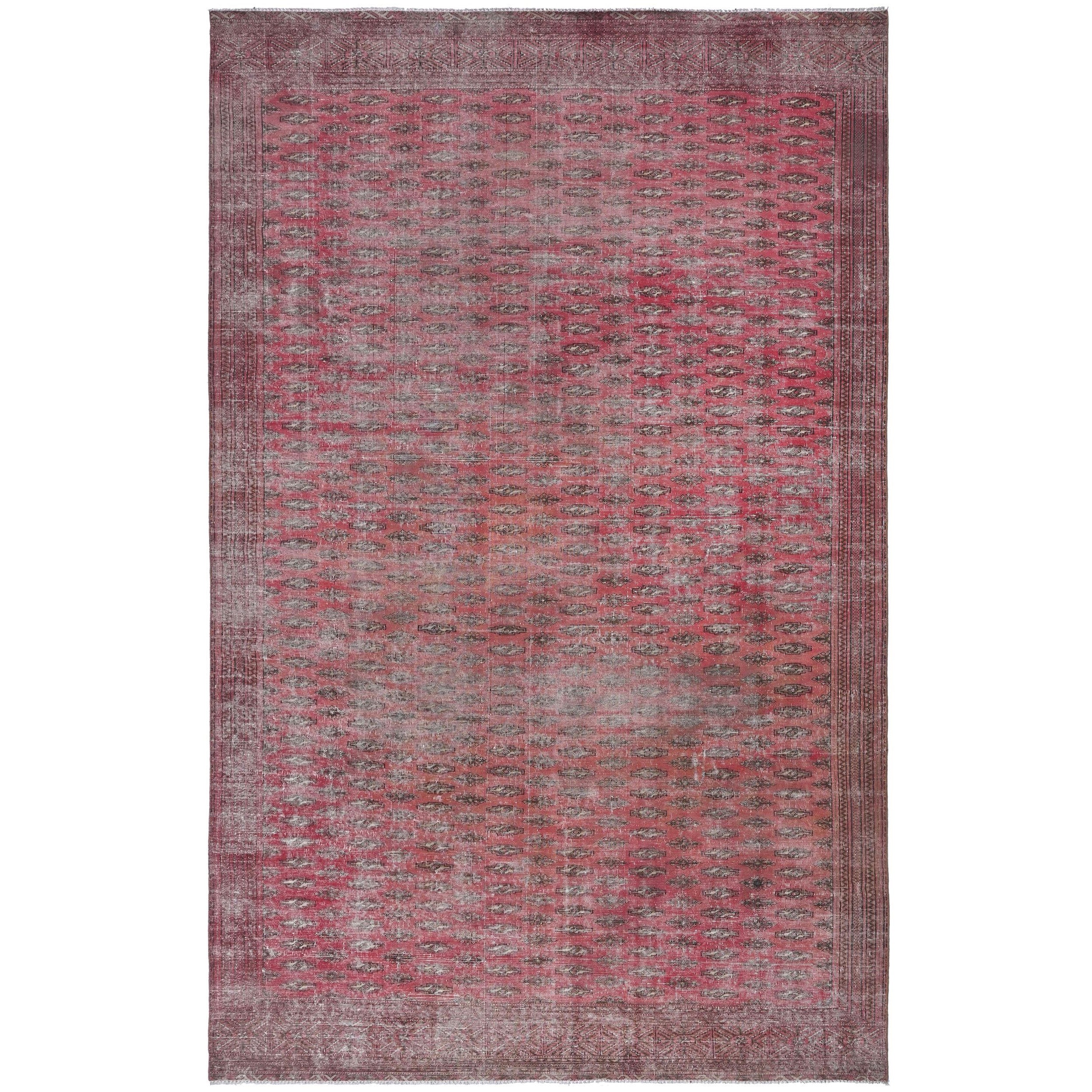 Knotari vintage hand-knotted rug No. 171 with all-over gul motif design in raspberry red, burgundy, charcoal, taupe, aged ivory, size 7'3" x 12'5".