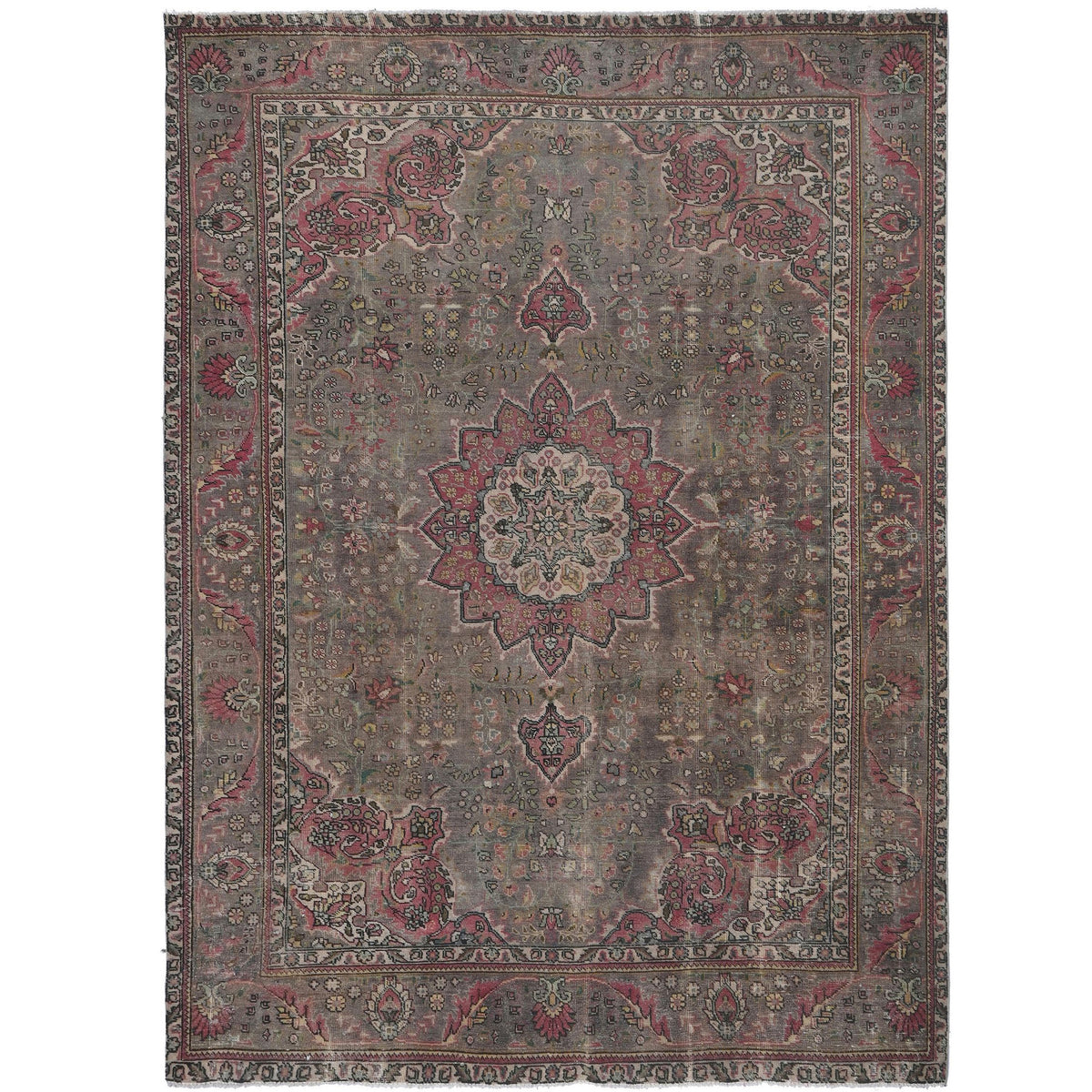 Knotari vintage hand-knotted rug No. 176 with floral medallion design in dusty rose, warm taupe, charcoal, aged ivory, muted sage, size 8'1" x 11'0".