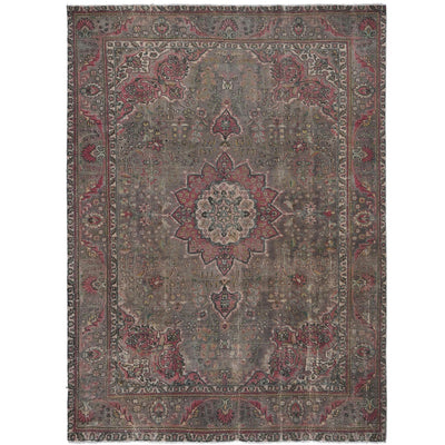 Knotari vintage hand-knotted rug No. 176 with floral medallion design in dusty rose, warm taupe, charcoal, aged ivory, muted sage, size 8'1" x 11'0".