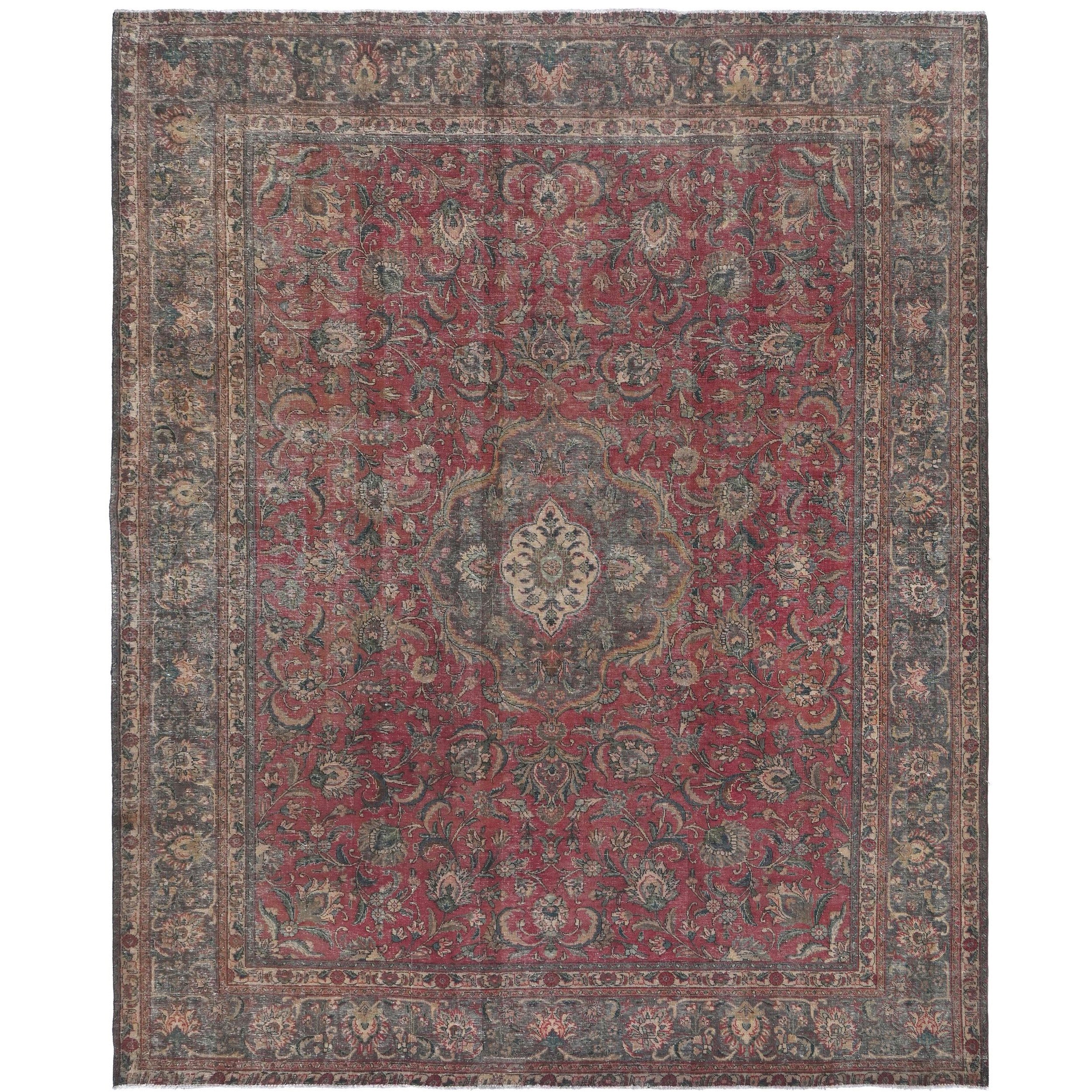 Knotari vintage hand-knotted rug No. 177 with floral medallion garden design in antique crimson, charcoal, taupe, aged ivory, muted sage, size 9'9" x 12'5".