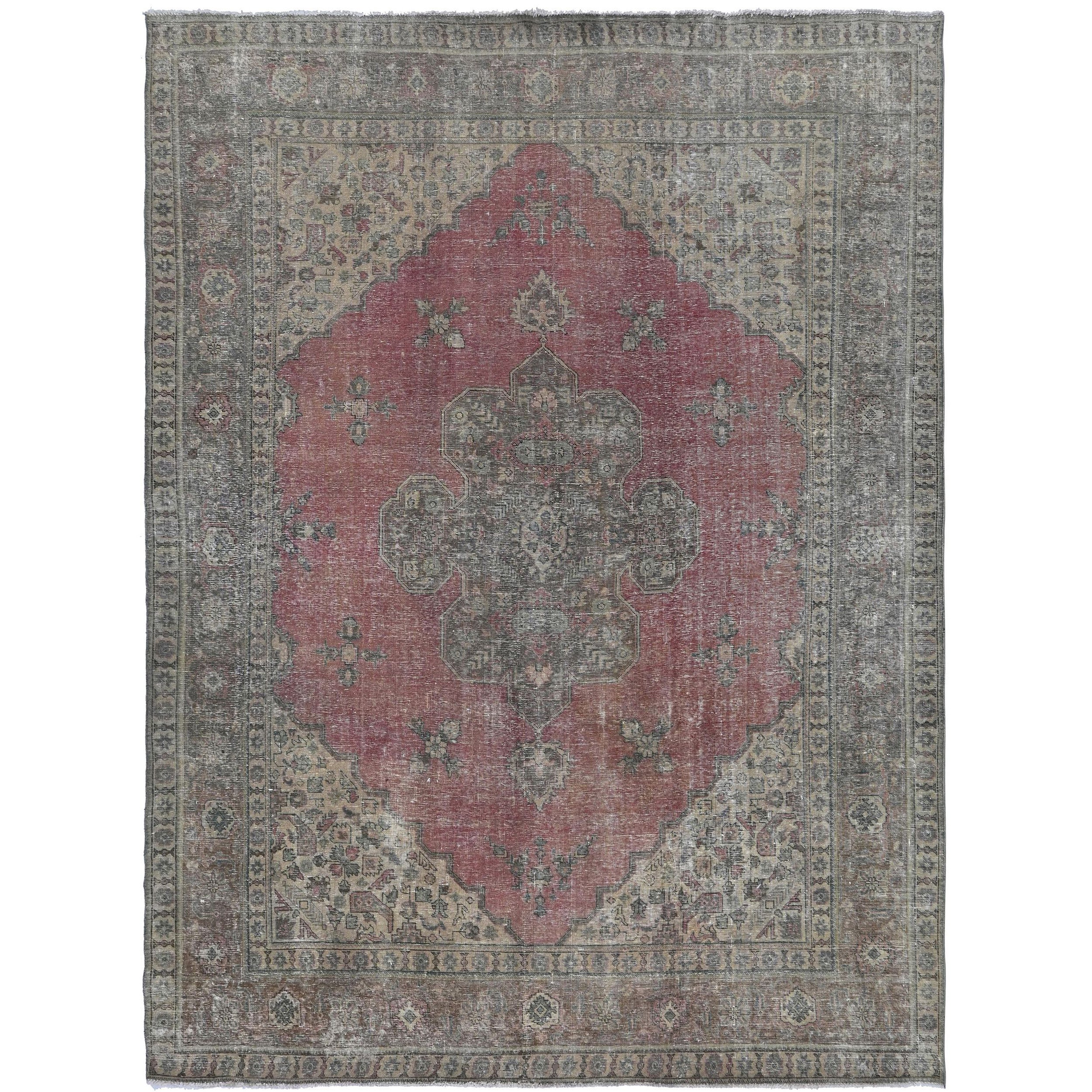 Knotari Heritage Collection vintage hand-knotted wool rug No. 178 with central medallion design in muted red, charcoal, aged ivory, taupe, soft brown, size 9'7" x 12'5".