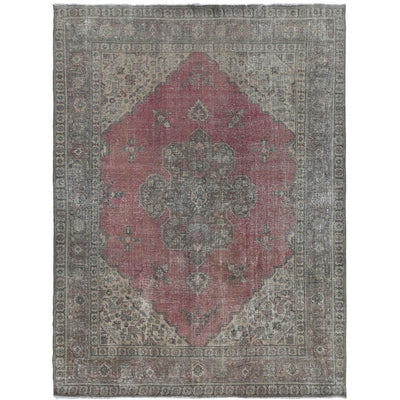 Knotari Heritage Collection vintage hand-knotted wool rug No. 178 with central medallion design in muted red, charcoal, aged ivory, taupe, soft brown, size 9'7" x 12'5".