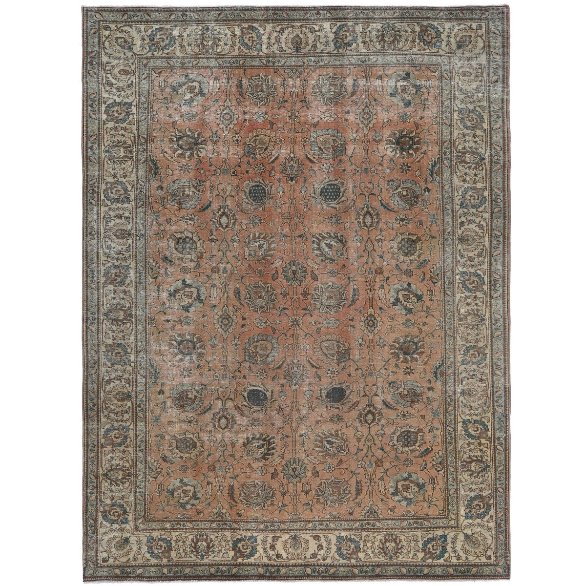Knotari vintage hand-knotted rug No. 179 with elongated central medallion design in dusty rose, charcoal, aged ivory, taupe, muted blue, size 8'5" x 12'0".