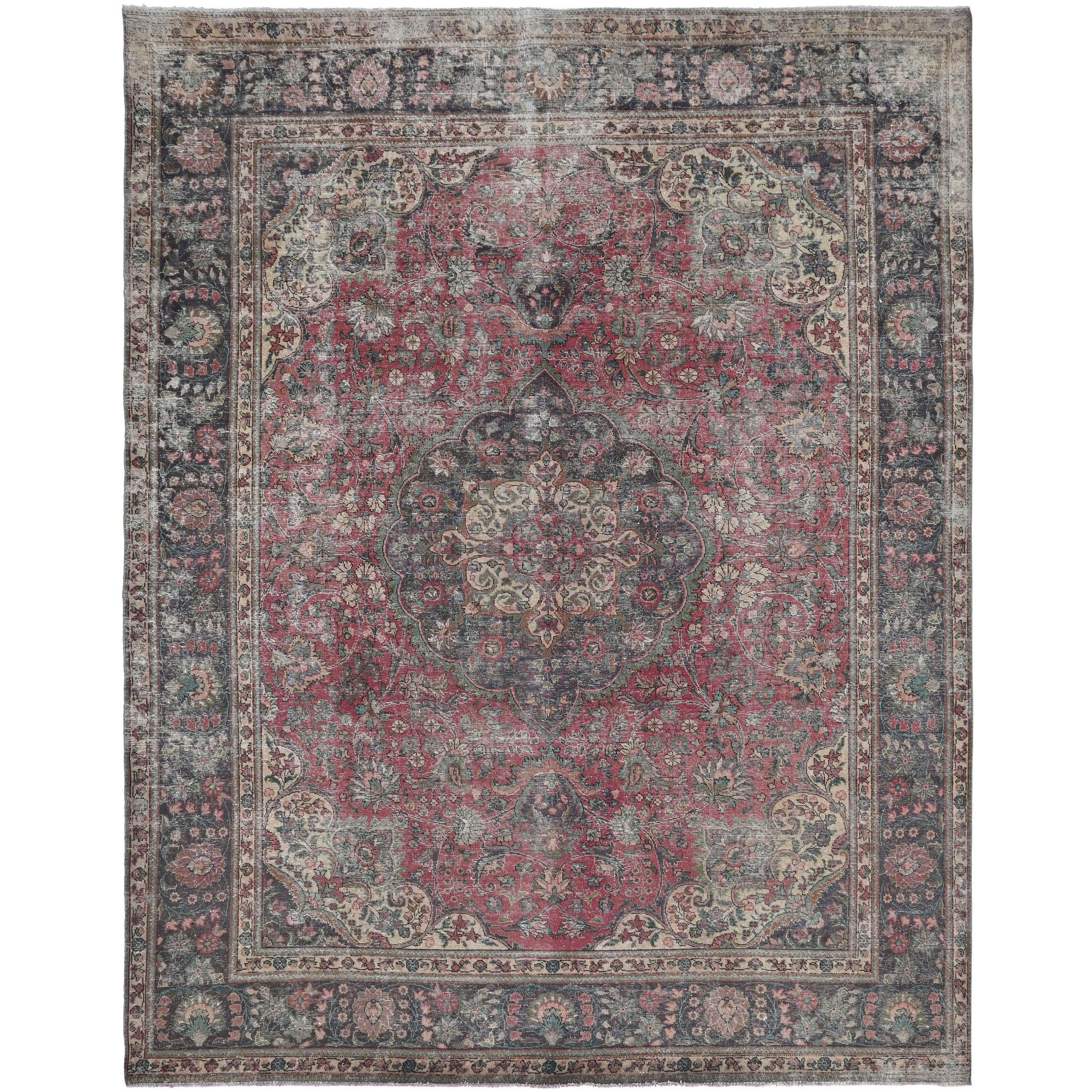 Knotari Heritage Collection vintage hand-knotted wool rug No. 17 with floral medallion design in crimson, charcoal, aged ivory, dusty rose, muted teal, size 9'11" x 13'0".