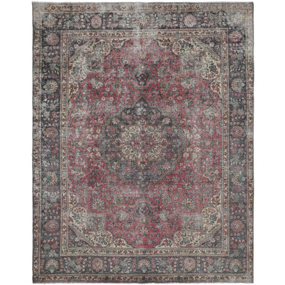 Knotari Heritage Collection vintage hand-knotted wool rug No. 17 with floral medallion design in crimson, charcoal, aged ivory, dusty rose, muted teal, size 9'11" x 13'0".