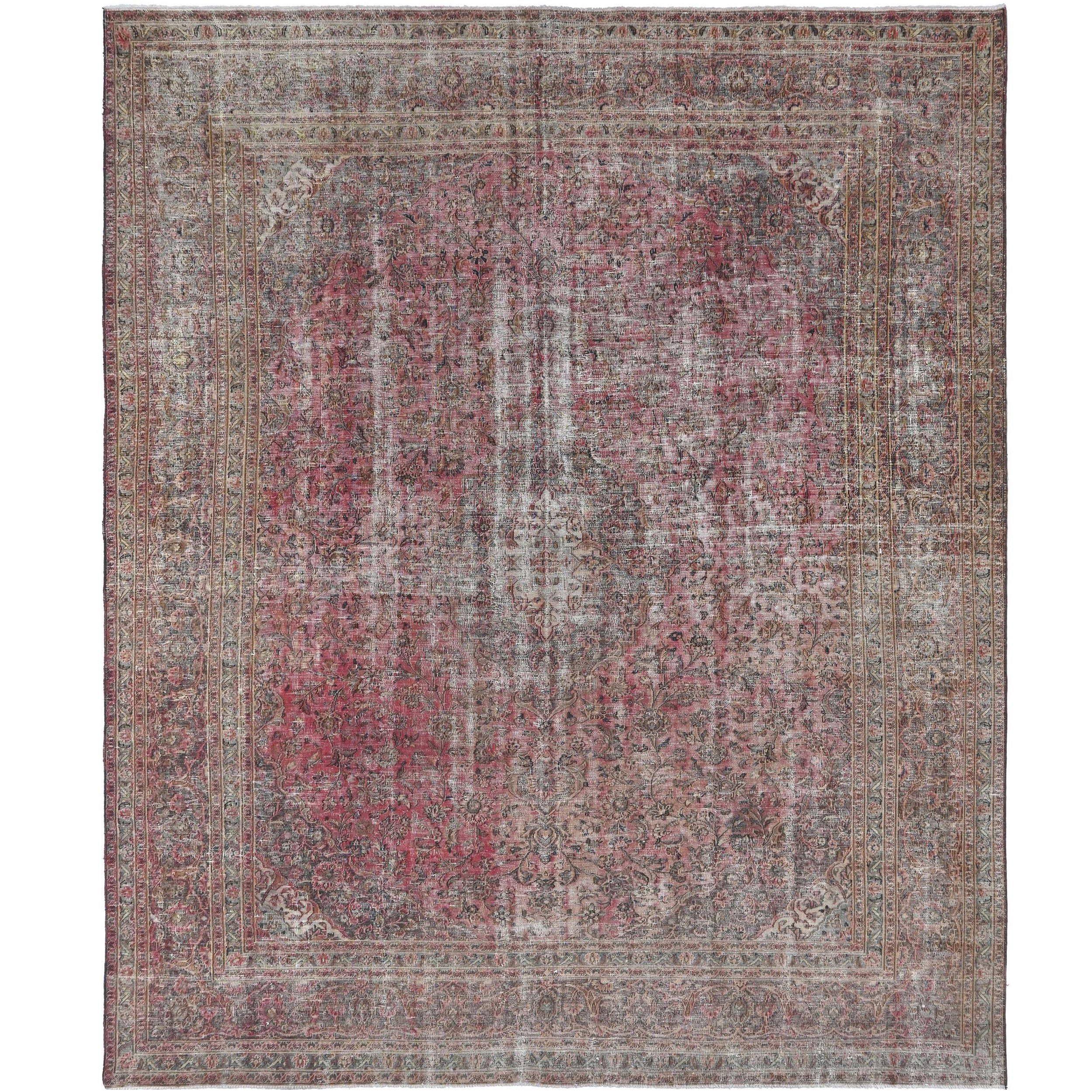 Knotari vintage hand-knotted rug No. 181 with symmetrical floral design in antique coral, slate blue, aged ivory, taupe, soft charcoal, size 9'8" x 12'4".