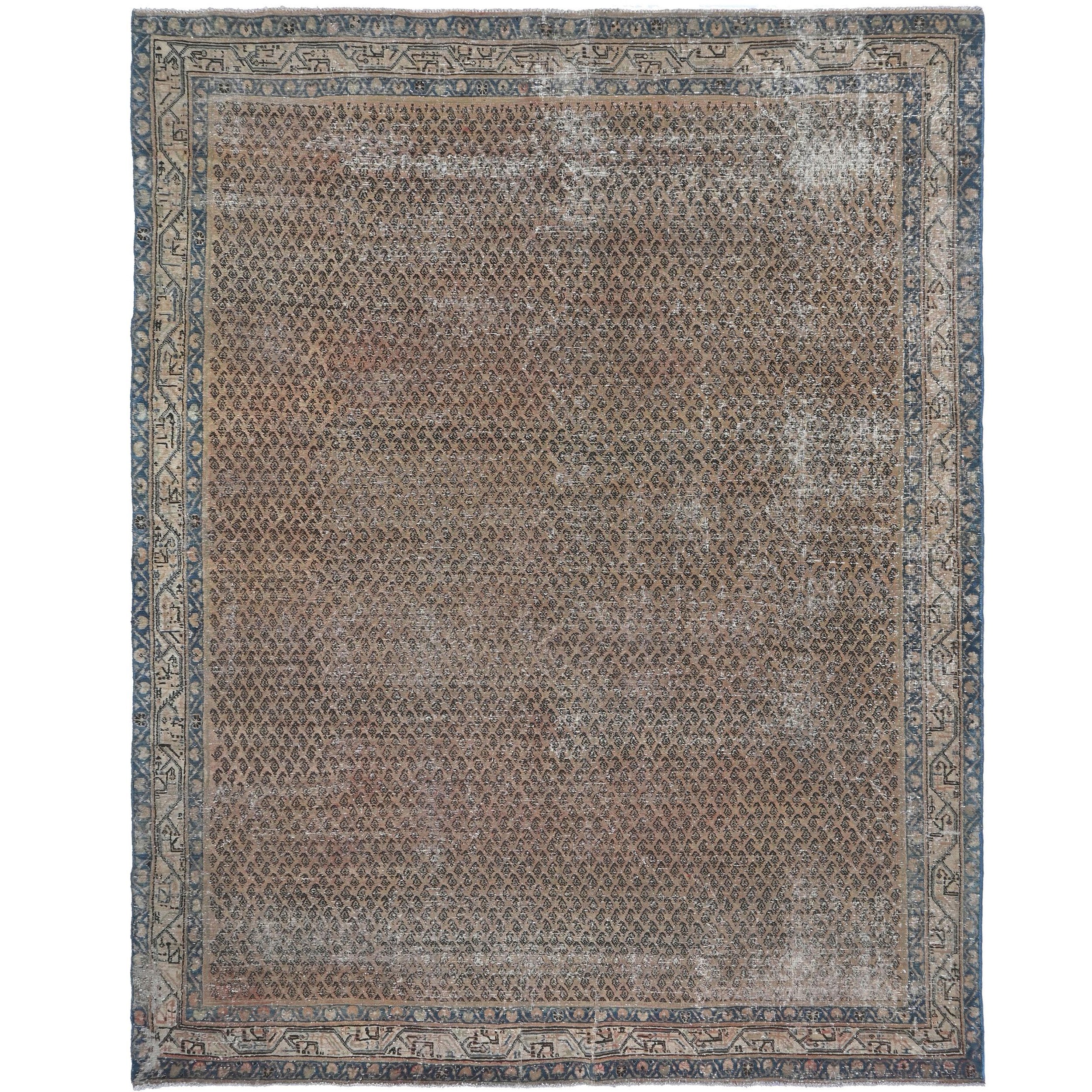 Knotari vintage hand-knotted rug No. 183 with fine all-over diamond design in camel, indigo, taupe, aged ivory, rust, size 7'6" x 10'6".