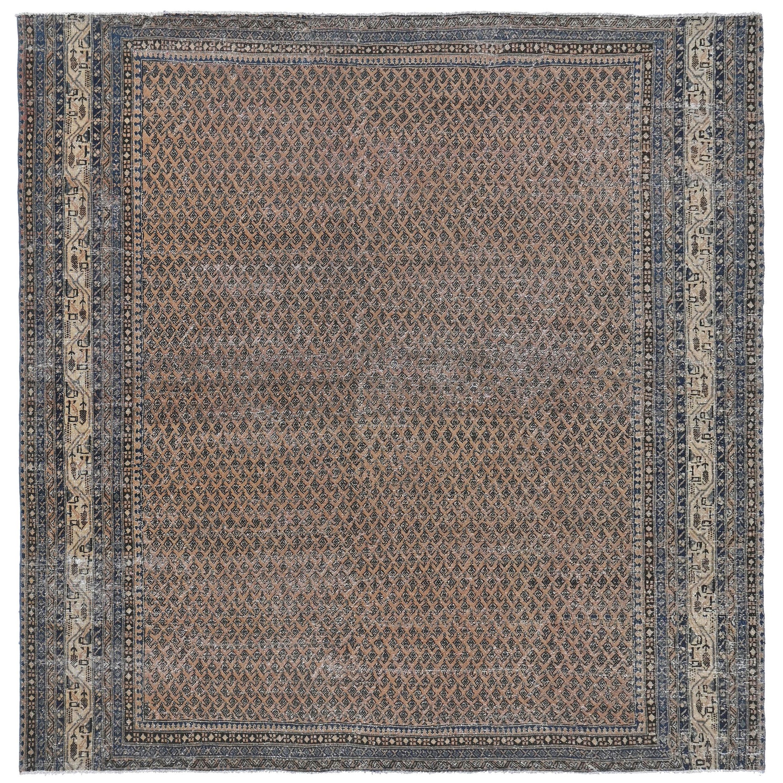 Knotari vintage hand-knotted rug No. 189 with fine lattice all-over design in camel, indigo, taupe, aged ivory, slate, size 8'4" x 8'8".