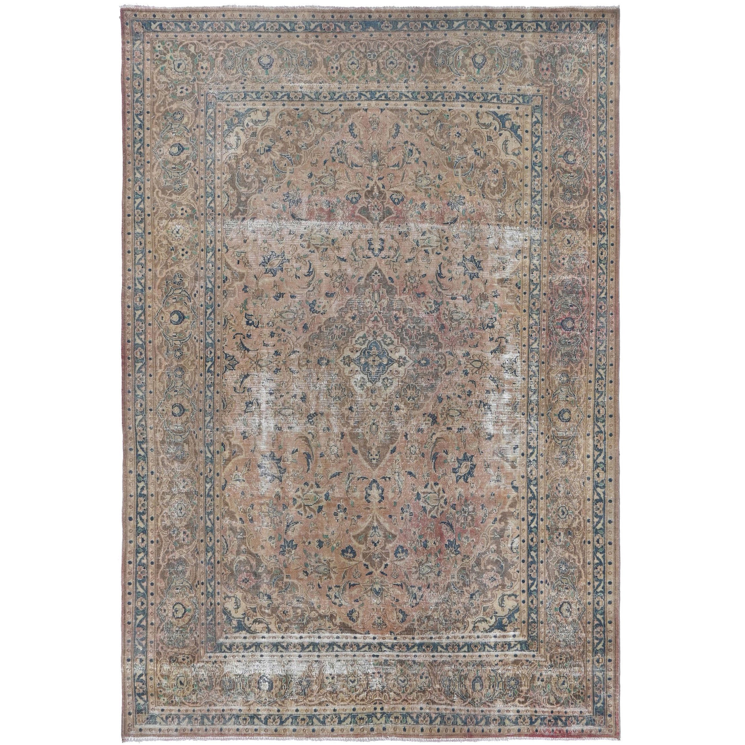Knotari vintage hand-knotted rug No. 193 with soft floral medallion design in sand, taupe, muted blue, aged ivory, dusty rose, size 6'5" x 9'7".