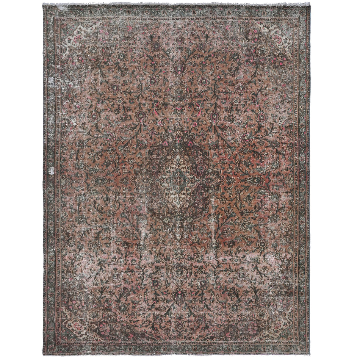 Knotari vintage hand-knotted rug No. 19 with allover botanical design in terracotta, rosewood, charcoal, taupe, muted sage, size 7'1" x 9'11".