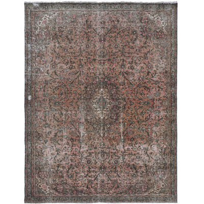 Knotari vintage hand-knotted rug No. 19 with allover botanical design in terracotta, rosewood, charcoal, taupe, muted sage, size 7'1" x 9'11".