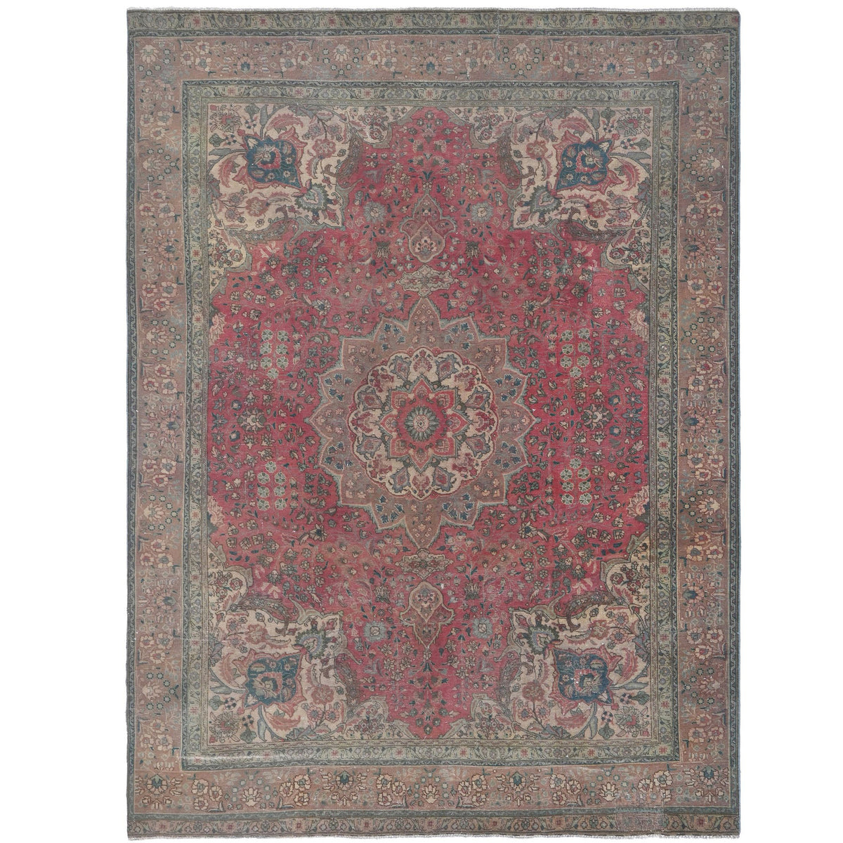 Knotari vintage hand-knotted rug No. 1 with geometric floral medallion design in antique crimson, slate blue, charcoal, taupe, aged ivory, size 8'7" x 12'5".