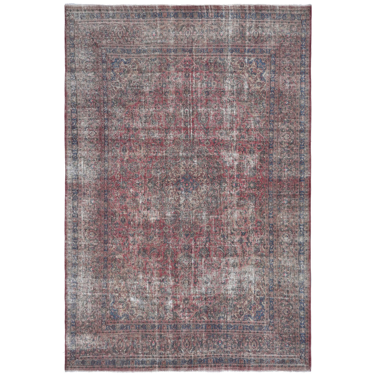 Knotari vintage hand-knotted rug No. 200 with all-over garden design in aged ivory, antique rose, slate blue, taupe, muted burgundy, size 9'7" x 12'10".