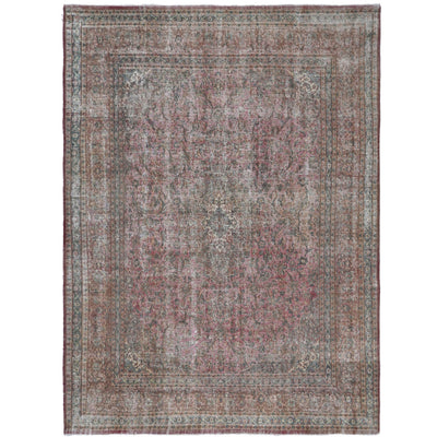 Knotari Heritage Collection vintage hand-knotted wool rug No. 201 with all-over floral design in faded cranberry, taupe, charcoal, dusty rose, muted teal, size 9'5" x 12'6".