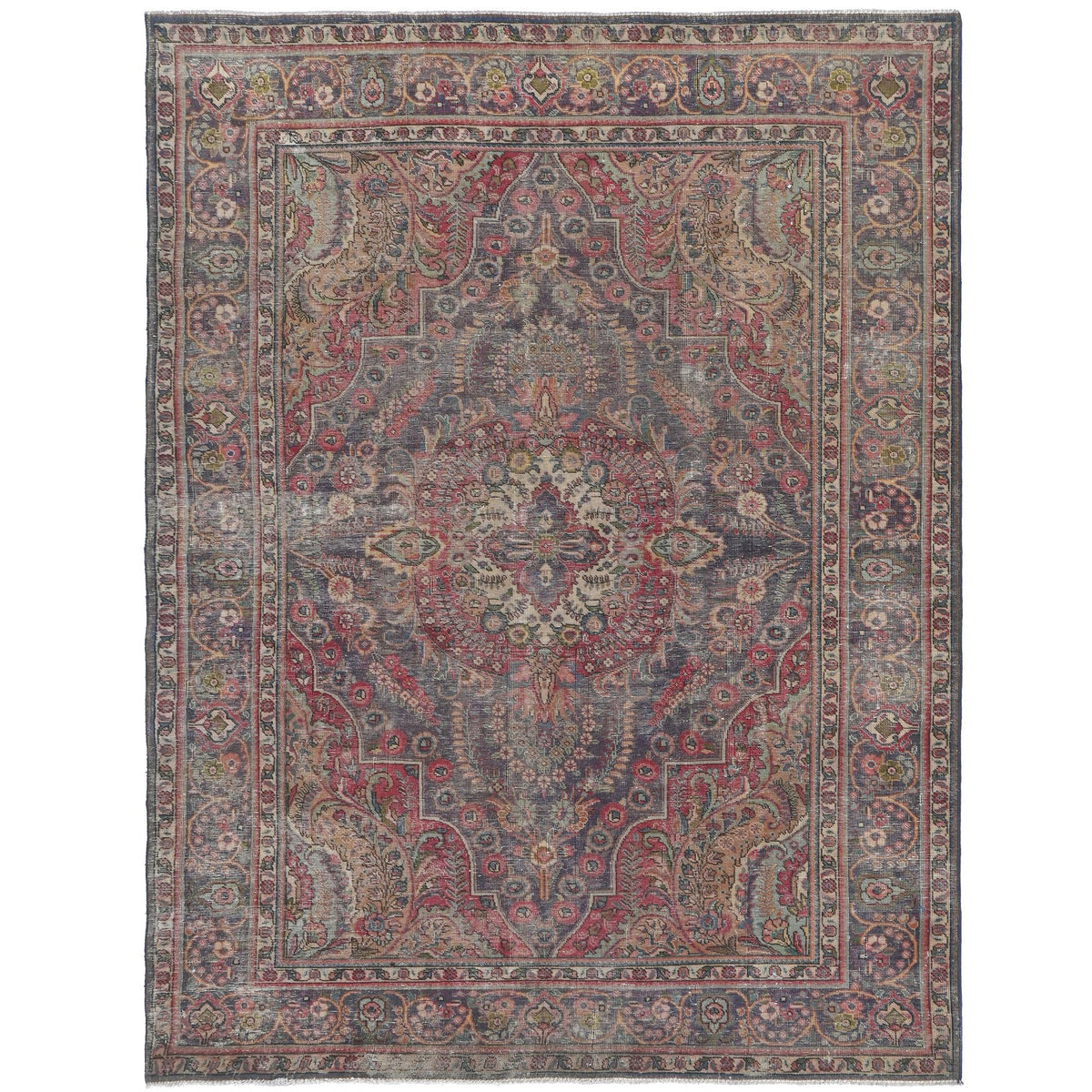 Knotari vintage hand-knotted rug No. 205 with distressed medallion design in brick red, charcoal, ash gray, taupe, ivory, size 6'6" x 9'7".