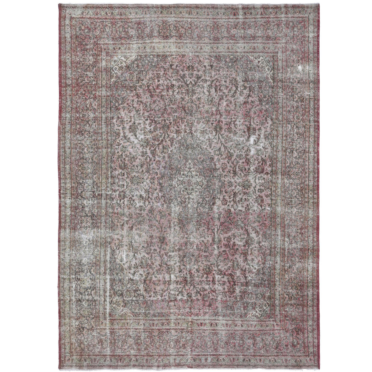 Knotari vintage hand-knotted rug No. 207 with gray rose medallion design in slate gray, dusty rose, muted burgundy, aged ivory, taupe, size 9'7" x 12'5".