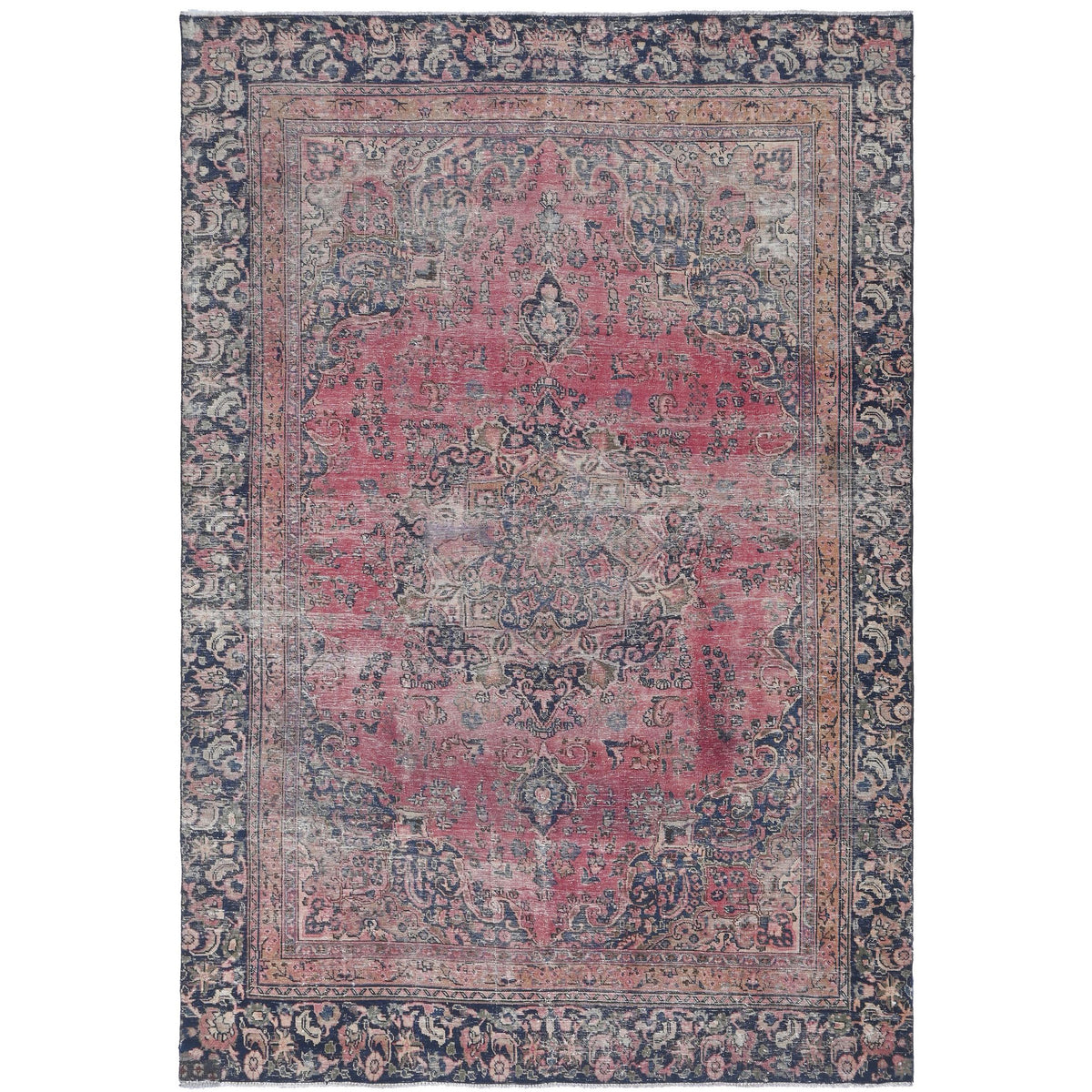 Knotari vintage hand-knotted rug No. 208 with botanical lattice design in antique coral, aged ivory, slate blue, taupe, soft charcoal, size 6'10" x 9'8".