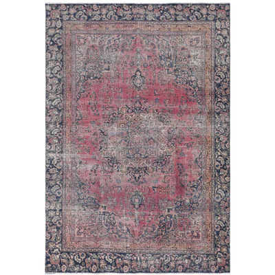 Knotari vintage hand-knotted rug No. 208 with botanical lattice design in antique coral, aged ivory, slate blue, taupe, soft charcoal, size 6'10" x 9'8".