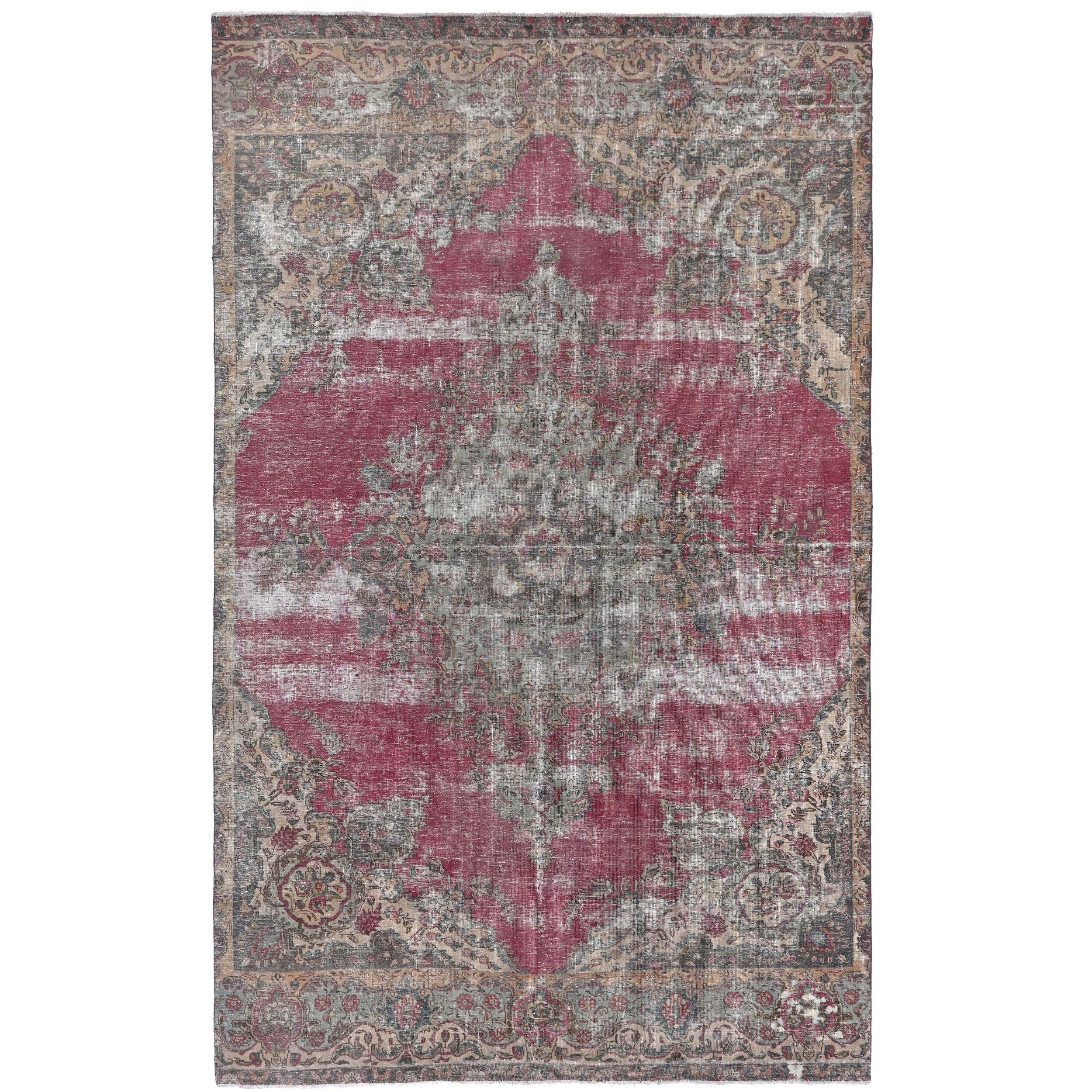 Knotari Heritage Collection vintage hand-knotted wool rug No. 209 with elongated medallion design in cranberry red, charcoal, taupe, ivory, antique gold, size 7'4" x 12'3".