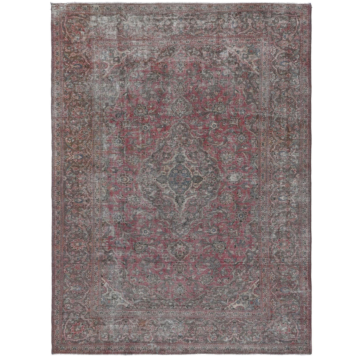 Knotari vintage hand-knotted rug No. 210 with faded floral medallion design in muted burgundy, rosewood, taupe, charcoal, aged ivory, size 7'9" x 11'0".