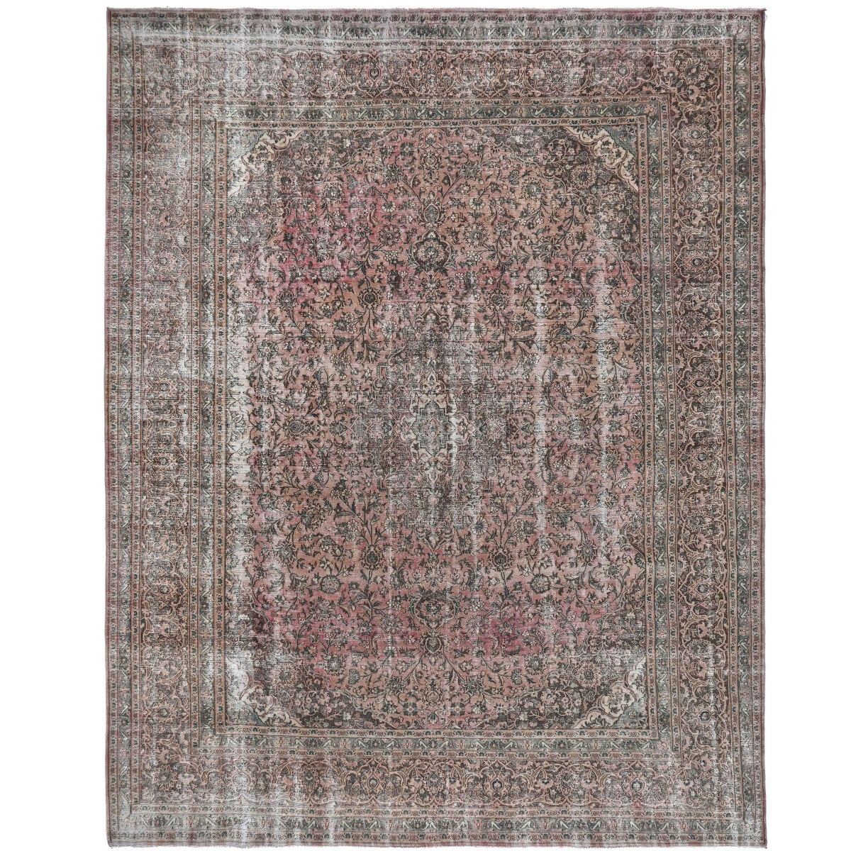 Knotari vintage hand-knotted rug No. 26 with washed floral medallion design in antique rose, charcoal, taupe, aged ivory, muted burgundy, size 9'9" x 12'6".