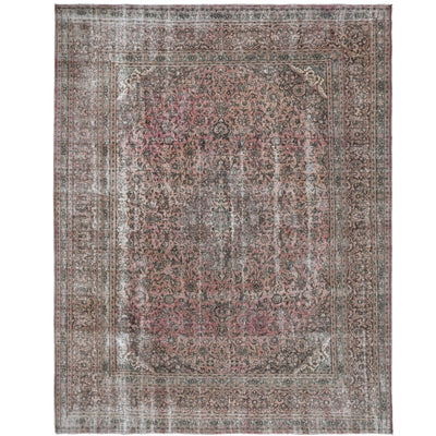 Knotari vintage hand-knotted rug No. 26 with washed floral medallion design in antique rose, charcoal, taupe, aged ivory, muted burgundy, size 9'9" x 12'6".