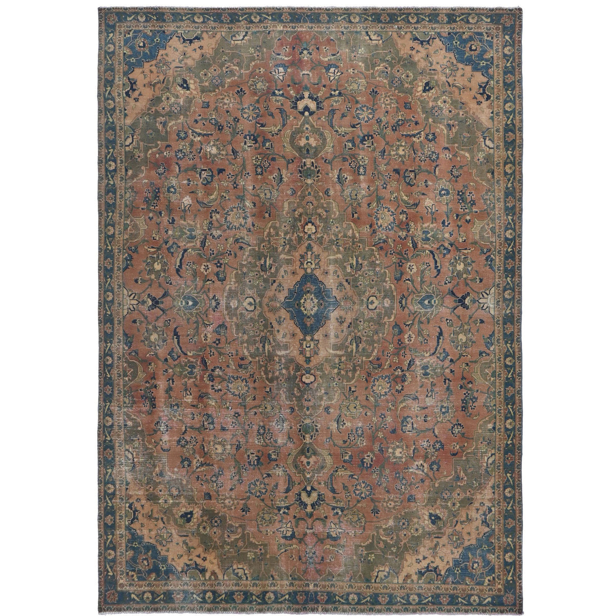 Knotari vintage hand-knotted rug No. 28 with faded floral medallion design in deep burgundy, charcoal, aged ivory, dusty rose, navy, size 6'7" x 9'7".