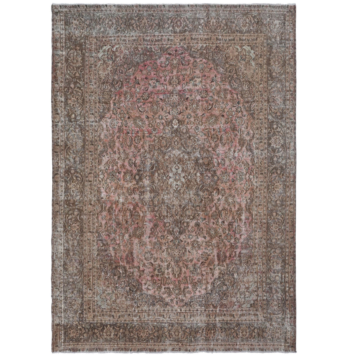 Knotari Heritage Collection vintage hand-knotted wool rug No. 29 with grand medallion design in dusty rose, cocoa brown, taupe, charcoal, aged ivory, size 9'3" x 11'9".