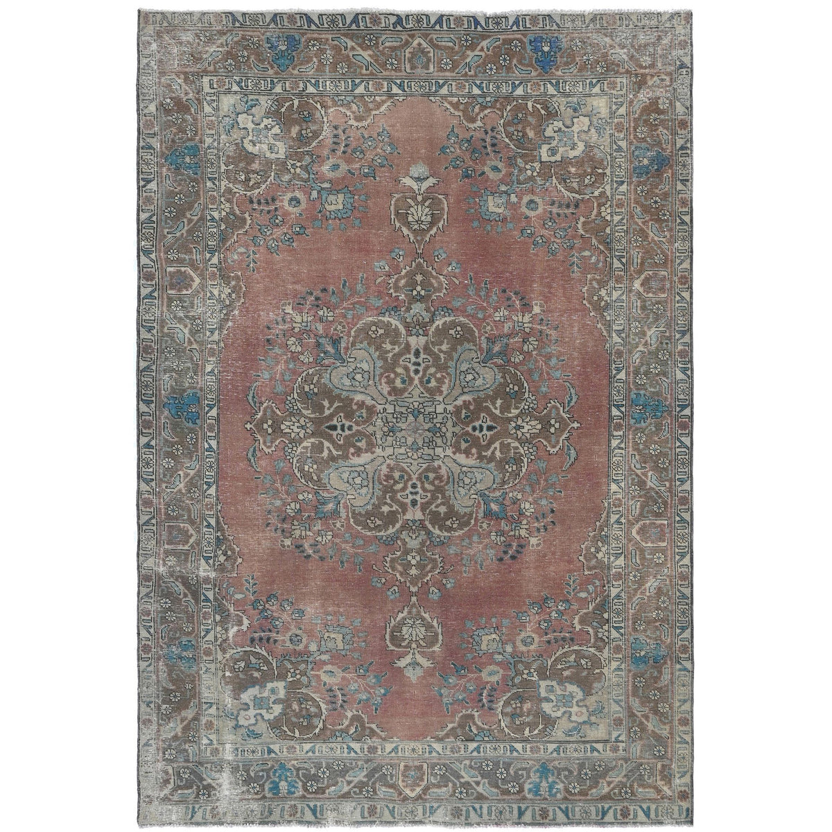 Knotari Heritage Collection vintage hand-knotted wool rug No. 32 with floral medallion design in terracotta, slate blue, cocoa, ivory, muted teal, size 6'9" x 9'7".