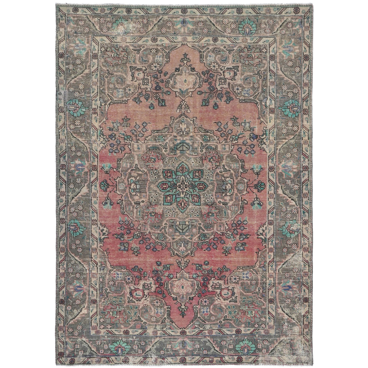 Knotari Heritage Collection vintage hand-knotted wool rug No. 37 with floral medallion design in dusty rose, taupe, charcoal, turquoise, sand, size 6'5" x 9'5".