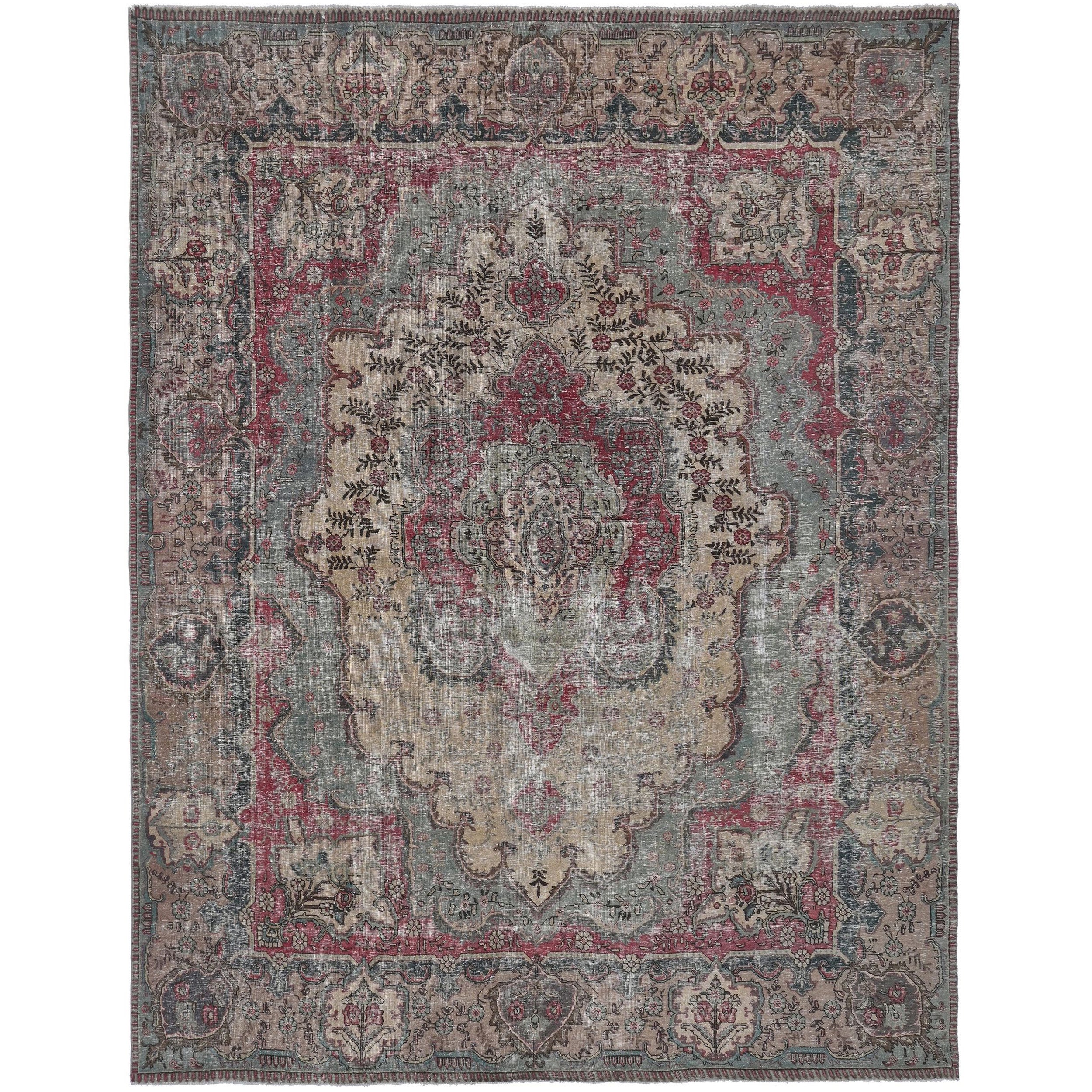 Knotari vintage hand-knotted rug No. 43 with grand floral medallion design in antique rose, slate gray, aged ivory, taupe, muted blue, size 9'5" x 13'2".