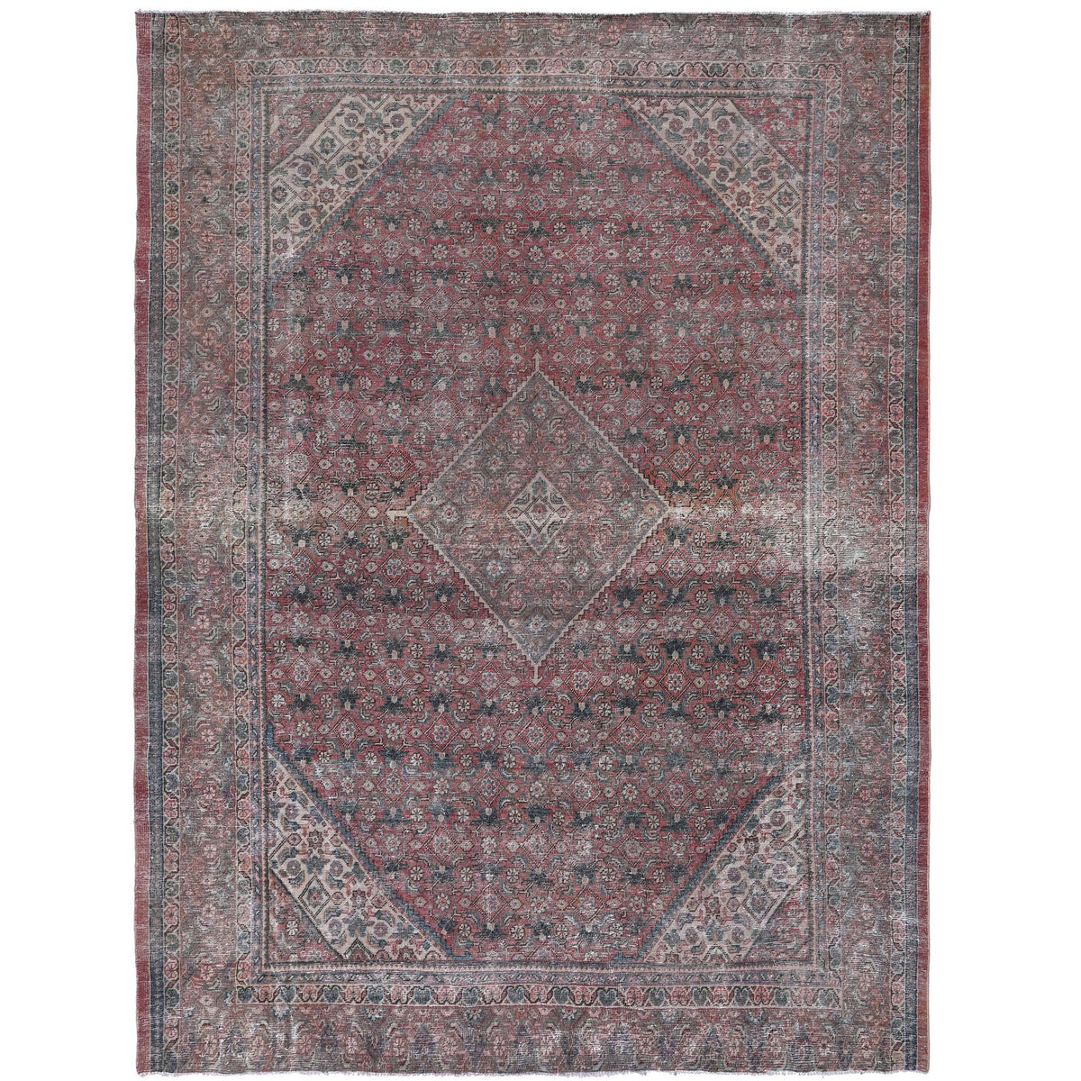 Knotari Heritage Collection vintage hand-knotted wool rug No. 49 with diamond medallion design in brick red, charcoal, taupe, ivory, muted blue, size 9'2" x 11'6".