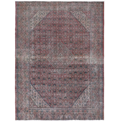 Knotari Heritage Collection vintage hand-knotted wool rug No. 49 with diamond medallion design in brick red, charcoal, taupe, ivory, muted blue, size 9'2" x 11'6".