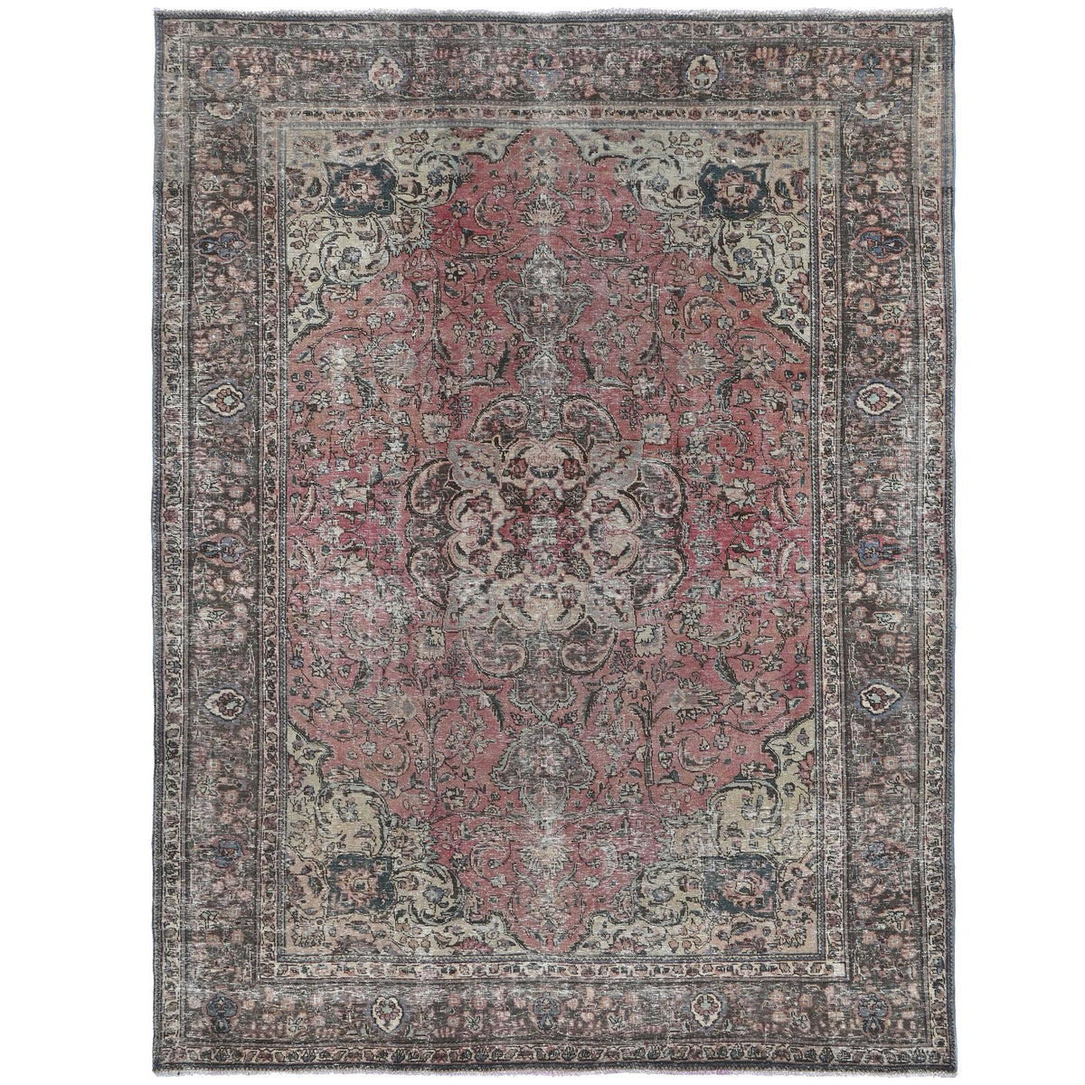 Knotari vintage hand-knotted wool rug No. 502 with geometric medallion design in rust red, indigo, ivory, terracotta, sage, size 7'6" x 10'10".